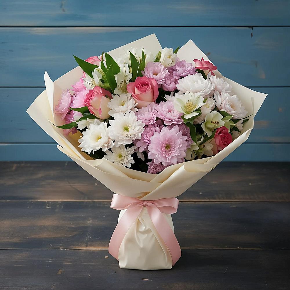 Букет цветов из: Хризантемы, Альстромерии и Розы в Мухтолово